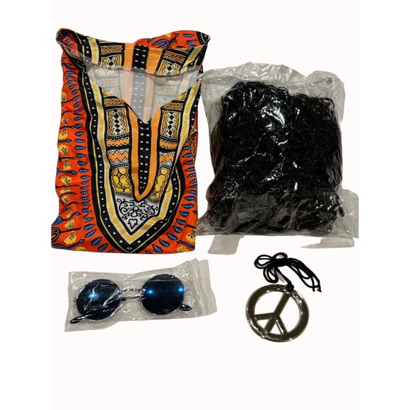 70s‎ Disco Costume Mens Hippie Halloween Set Shirt Wig Sunglasses Necklace - Picture 1 of 6